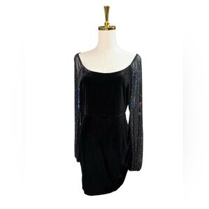 Crystal Doll Black Velvet Mini Dress with Sheer Embellished Sleeves Size L